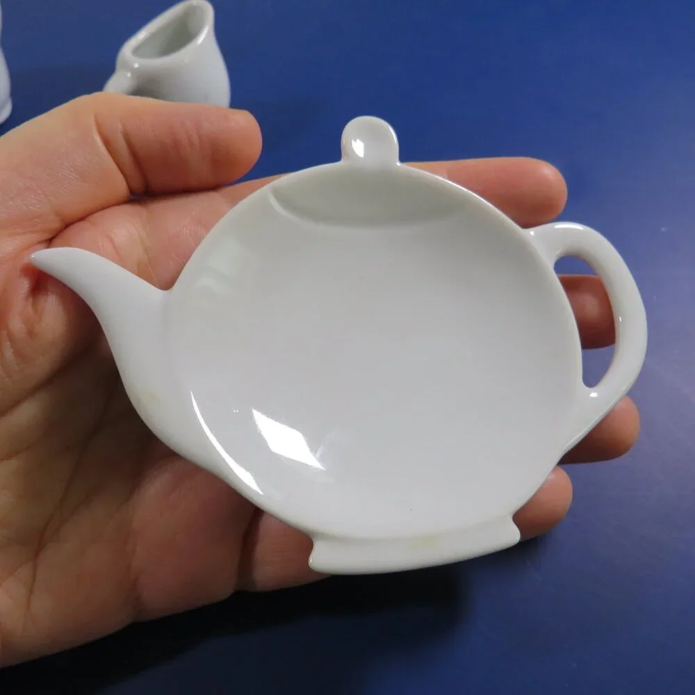 VTG Mini Tea Set Trio: White Porcelain Tea Bag Rest, Tall Ornament & Rose Cream